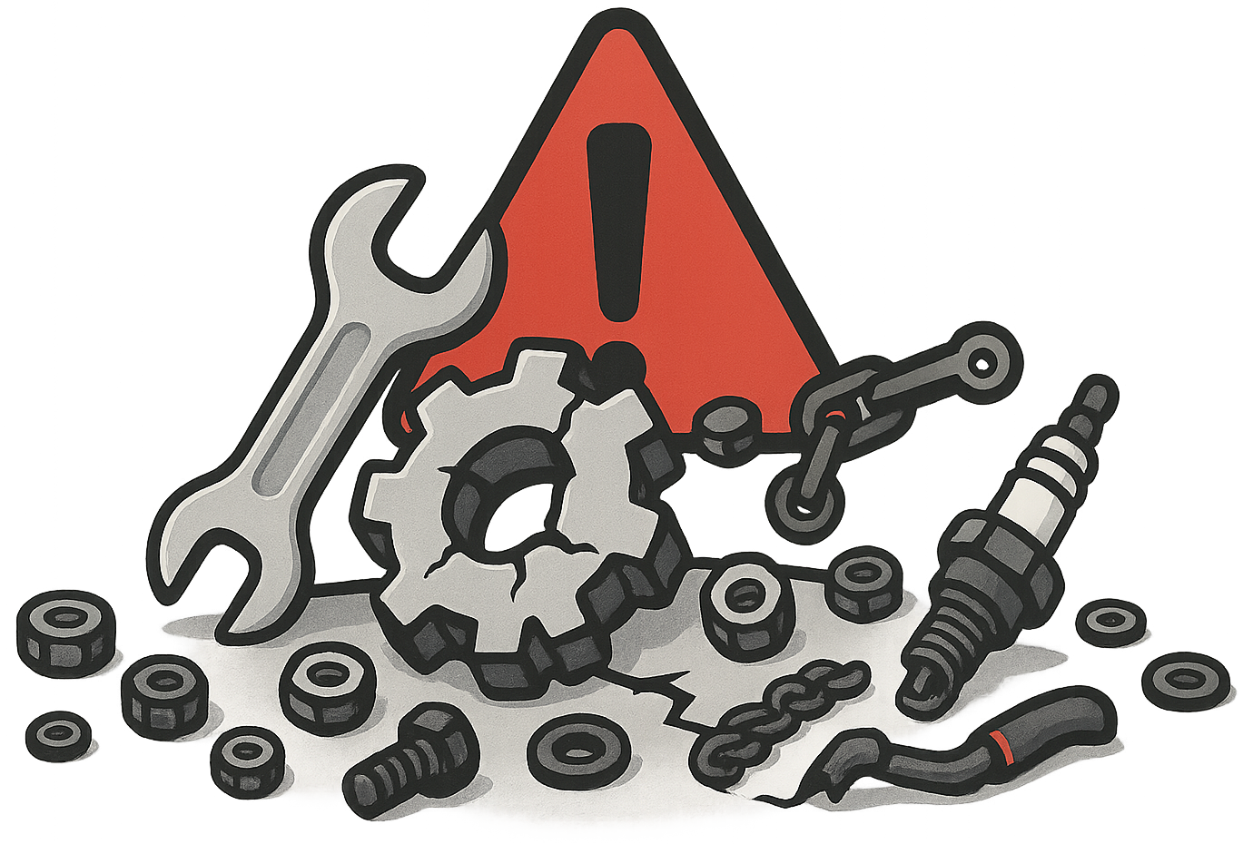 Error illustration, exclamation mark sign with nuts and bolts scattered around.